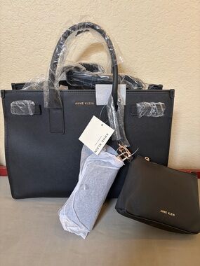 Anne Klein Black Saffiano Tote with Matching Pouch and Top Handles